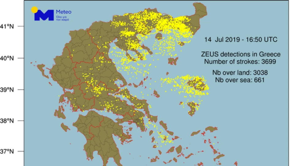 Πάνω από 3.600 κεραυνοί την Κυριακή